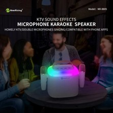 Bluetooth Karaoke Hoparlör Seti – 2 Kablosuz Mikrofonlu | RGB Işıklı | Surround Ses Sistemi | FM Radyo | Taşınabilir | USB / microSD / AUX Girişli | Şarjlı Bataryalı Kablosuz Müzik Kutusu