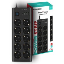 Type-C Port Girişli Akım Korumalı 10'lu Priz, 3 Usb, 1 Type-C Giriş, Isıya Dayanıklı