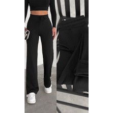 Win Moda Kadın Fitilli Comfortable Pantolon-Eşofman İçi Şardonlu Uzun Siyah Bol Paça