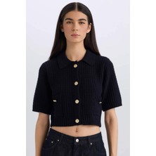 DeFacto Cropped Fit Gömlek Yaka Düğmeli Triko Kısa Kollu Hırka E1977AX24WN