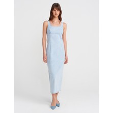 90554 Likralı Kalın Askılı Denim Elbise-Mavi