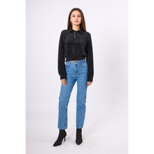 Peraluna Lucy Krop Kesim Polo Yaka Kadın Triko Bluz - Siyah