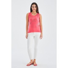 Peraluna Yazlık İnce Pul İşlemeli Kadın Triko Bluz - Koral