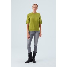 Peraluna NICOLE BLOUSE Saç Örgülü Kısa Kollu Kaşmirli Kadın Triko Bluz - Yeşil