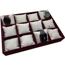 Yerli Üretim Tokyo Model Süet Kumaş Bordo -Beyaz Renk 34/24 cm Yastıklı Saat ve Takı Kutusu