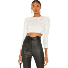 Kadın Janjan Beyaz Içi Astarlı Payet Crop Top