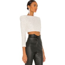 Kadın Janjan Beyaz Içi Astarlı Payet Crop Top