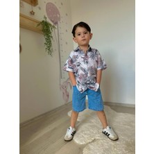Cg Kids Yaprak Desenli Keten Gömlek Jean Kot Şort Erkek Çocuk Alt Üst Takım