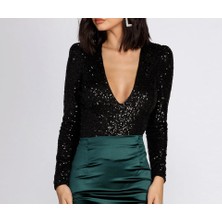 Kadın Siyah V Yaka Payet Bodysuit