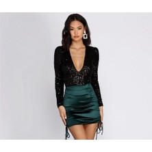 Kadın Siyah V Yaka Payet Bodysuit