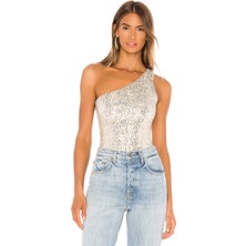 Kadın Gümüş Tek Omuz  Payet Bodysuit