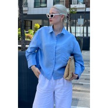 Mavi Çizgili Oversize Kadın Gömlek MG2093