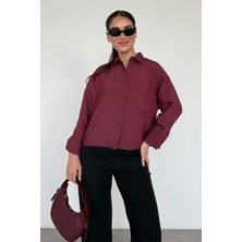 Bordo Çizgili Oversize Kadın Gömlek MG2093