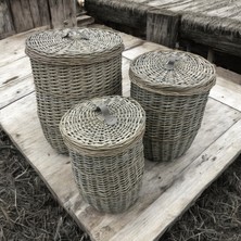 Laundry - 3'lü Hasır Çamaşır Sepeti Yuvarlak Gri - 97006