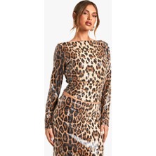 Kadın Leopar Desen Payet Crop Top