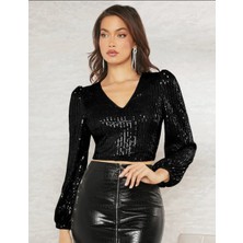 Kadın Payet V Yaka Crop Top