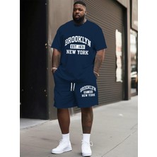 Actıve Moda - Erkek  Brooklyn Est. 1631 New York Baskılı Kısa Kollu Tshırt-Şort Takımı 2 Li Pamuklu Büyük Beden Oversize