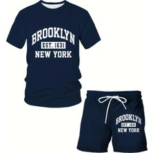 Actıve Moda - Erkek  Brooklyn Est. 1631 New York Baskılı Kısa Kollu Tshırt-Şort Takımı 2 Li Pamuklu Büyük Beden Oversize