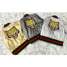 Unısex Aslan Figürlü Gümüş Renk Bomber Ceket Mont