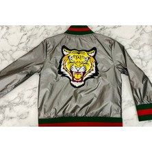 Unısex Aslan Figürlü Gri Renk Bomber Ceket Mont