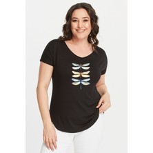 Büyük Beden Dragonfly Baskılı Geniş V Yaka Kısa Kol Oval Yırtmaç Bluz