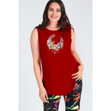 Büyük Beden Boho Hilal Baskılı Kolsuz Viskon Basic Bluz