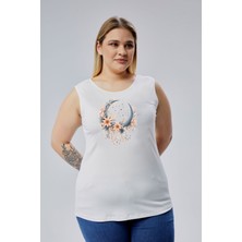 Büyük Beden Boho Hilal Baskılı Kolsuz Viskon Basic Bluz