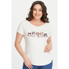 Büyük Beden Baykuşlar Baskılı Geniş V Yaka Kısa Kol Oval Yırtmaç Bluz