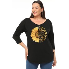 Büyük Beden Sun Flower Baskılı Geniş V Yaka Yarım Kol Oval Yırtmaç Bluz