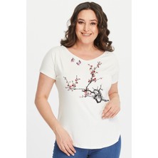 Büyük Beden Sakura Kelebek Baskılı Geniş V Yaka Kısa Kol Oval Yırtmaç Bluz