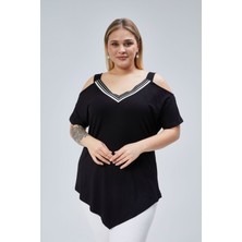 Büyük Beden Yaka Şerit Omuz Dekolte Üçgen Etekli Bluz