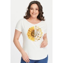 Büyük Beden Sun Flower Baskılı Geniş V Yaka Kısa Kol Oval Yırtmaç Bluz