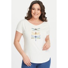 Büyük Beden Dragonfly Baskılı Geniş V Yaka Kısa Kol Oval Yırtmaç Bluz