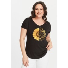 Büyük Beden Sun Flower Baskılı Geniş V Yaka Kısa Kol Oval Yırtmaç Bluz