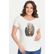 Büyük Beden Kuş Tüyü Baskılı Geniş V Yaka Kısa Kol Oval Yırtmaç Bluz