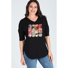 Büyük Beden Flamingo Baskııl Yarım Kol Yan Yırtmaç Bluz