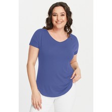 Büyük Beden Geniş V Yaka Kısa Kol Oval Yırtmaç Bluz