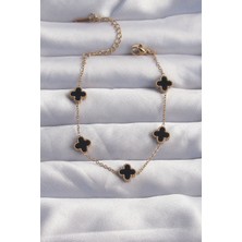 316L Çelik Baby Boy Gold Renk Siyah Mineli Yonca Bileklik - Lisinya