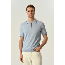Triko Polo Yaka Çizgi Detay Tshirt %100 Pamuk Mavi