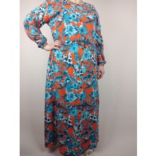 Kadın Mavi Bisiklet Yaka Uzun Kollu Kol Bilek Lastikli Yazlık Viskon Uzun Anne Elbise 2 cm Suya Çeker