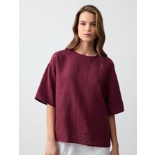 Jimmy Key Bordo Rahat Kesim Kısa Kollu Bisiklet Yaka Keten Bluz