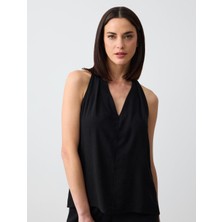 Jimmy Key Siyah V Yaka Kolsuz Uzun Keten Bluz