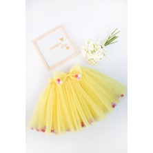 Ponponlu ve Kurdela Detaylı Sarı Renk Kız Çocuk Tütü Etek-Astarlı