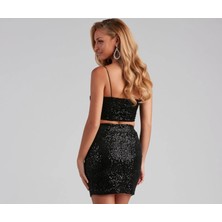 Kadın Siyah Ip Askılı Payet Crop Top