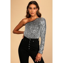 Kadın Gümüş Tek Kol Payet Bodysuit