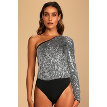 Kadın Gümüş Tek Kol Payet Bodysuit