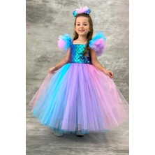 Tüllü Kabarık Etekli Süper Konsept Deniz Kızı Pul Desenli Kız Çocuk Abiye-Parti-Doğum Günü Kostümü