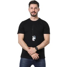 Regular Fit Bisiklet Yaka %100 Pamuk Basic Düz Kısa Kollu Tişört Astronot Baskılı