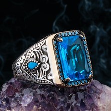 Mavi Zirkon Taşlı 925 Ayar Gümüş Erkek Yüzük