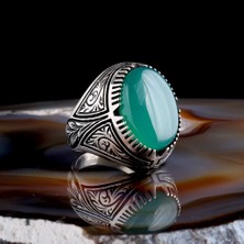 Akik Taşlı Kalem Işleme Desenli 925 Ayar Gümüş Erkek Yüzük